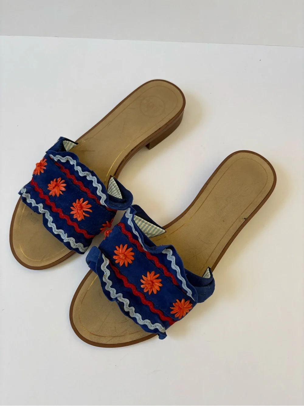Nordstrom 1901 Blue Leather Ruffle Floral Slides Sandals 7 Resort Cruise Vacay